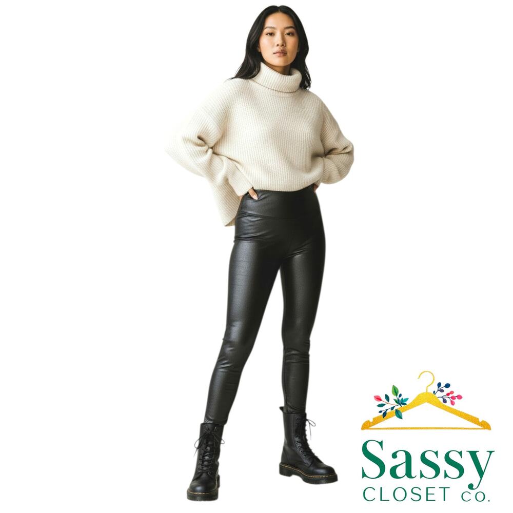 SPANX Faux Leather Leggings L Black High Rise Shaping Pants 2437